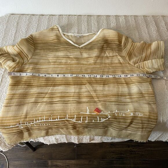 KD Spring Lagenlook Artsy Short Sleeve Top Tan V-Neck Shirt Lined Women’s XL‎ - Picture 11 of 16